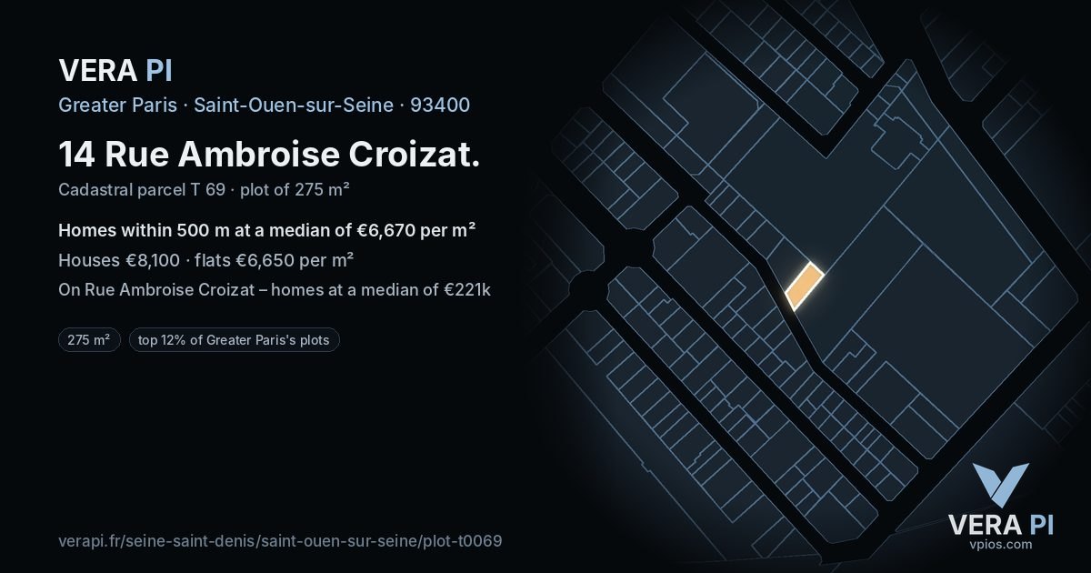 14 Rue Ambroise Croizat, Saint-Ouen-sur-Seine at night – the plot lit, the parcels around coloured by the prices near them