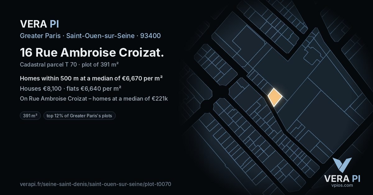 16 Rue Ambroise Croizat, Saint-Ouen-sur-Seine at night – the plot lit, the parcels around coloured by the prices near them