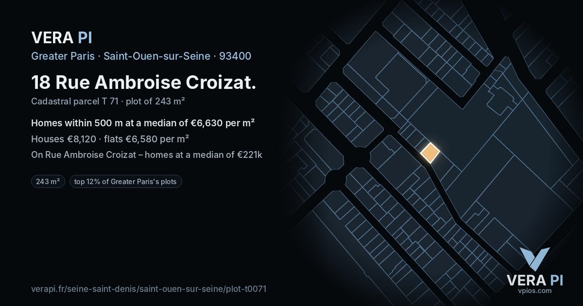18 Rue Ambroise Croizat, Saint-Ouen-sur-Seine at night – the plot lit, the parcels around coloured by the prices near them