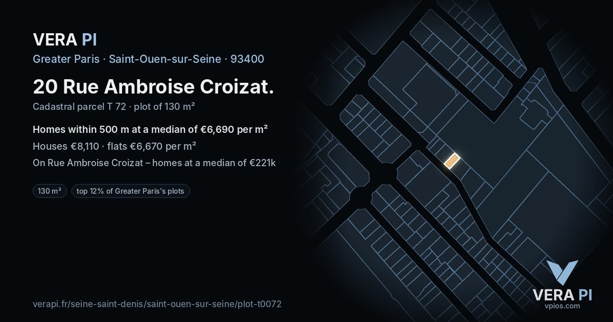 20 Rue Ambroise Croizat, Saint-Ouen-sur-Seine at night – the plot lit, the parcels around coloured by the prices near them