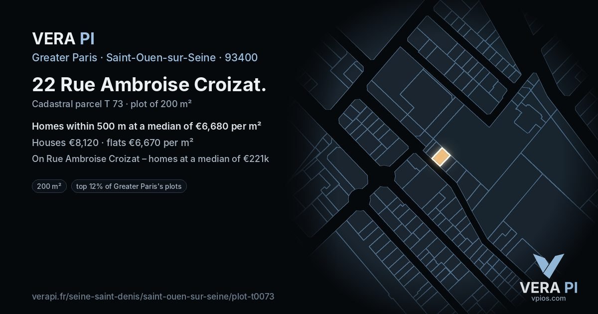 22 Rue Ambroise Croizat, Saint-Ouen-sur-Seine at night – the plot lit, the parcels around coloured by the prices near them