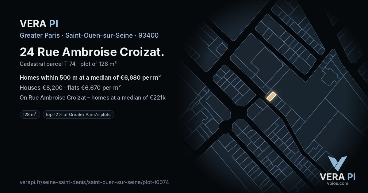 24 Rue Ambroise Croizat, Saint-Ouen-sur-Seine at night – the plot lit, the parcels around coloured by the prices near them
