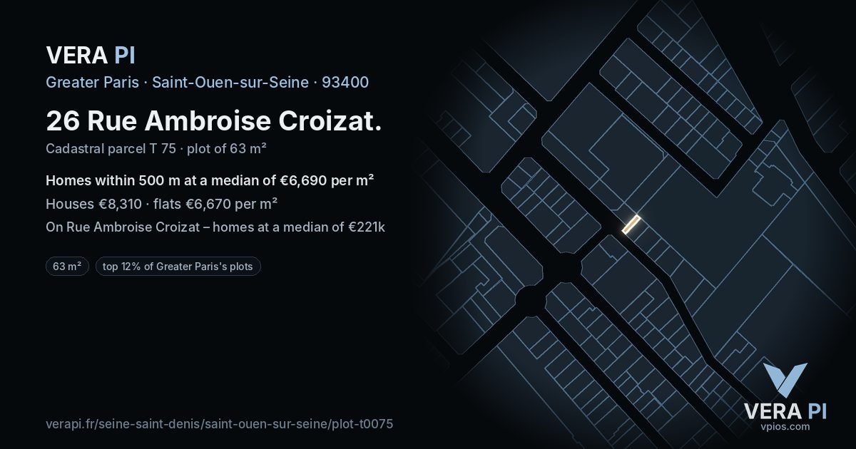 26 Rue Ambroise Croizat, Saint-Ouen-sur-Seine at night – the plot lit, the parcels around coloured by the prices near them