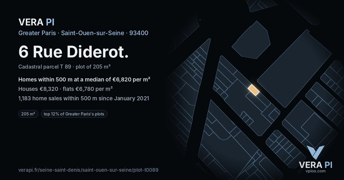 6 Rue Diderot, Saint-Ouen-sur-Seine at night – the plot lit, the parcels around coloured by the prices near them