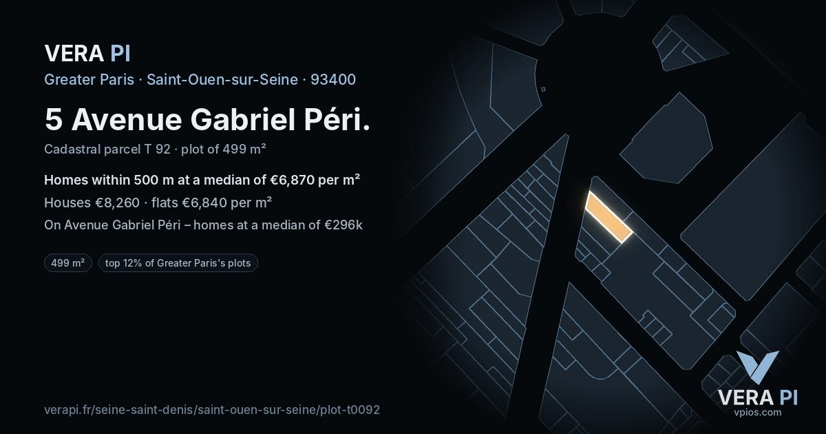5 Avenue Gabriel Péri, Saint-Ouen-sur-Seine at night – the plot lit, the parcels around coloured by the prices near them