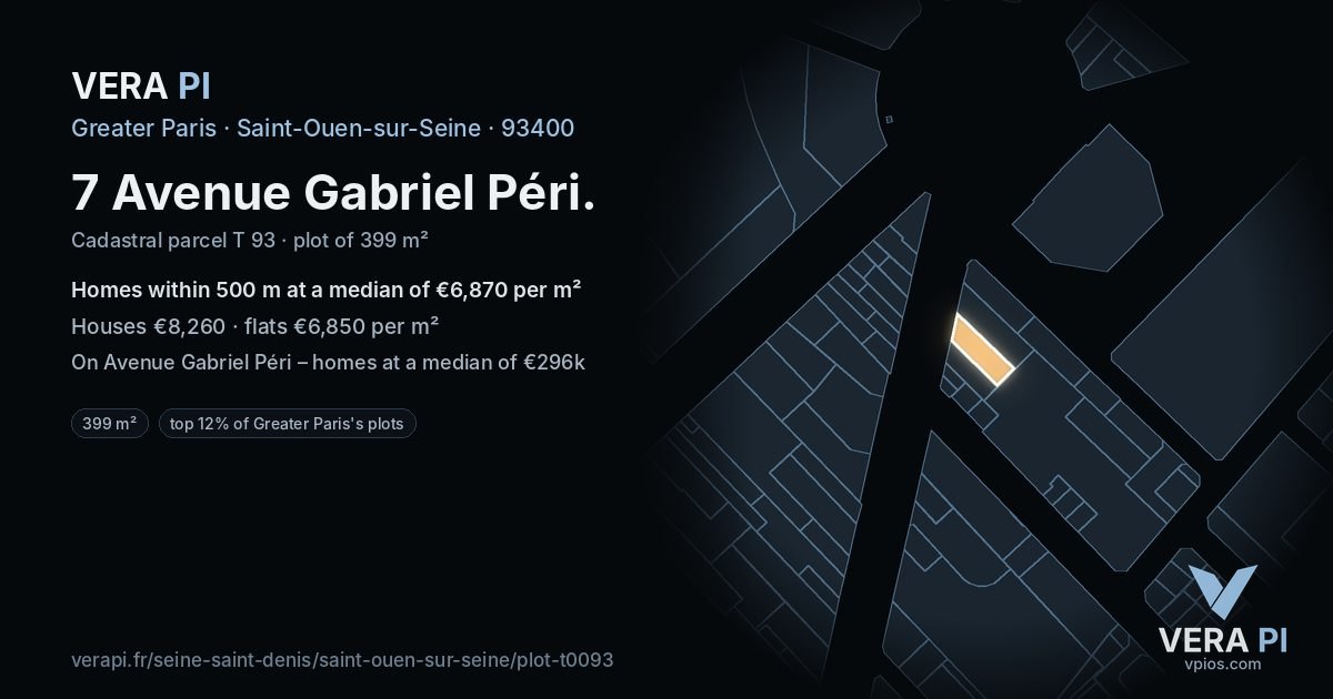 7 Avenue Gabriel Péri, Saint-Ouen-sur-Seine at night – the plot lit, the parcels around coloured by the prices near them