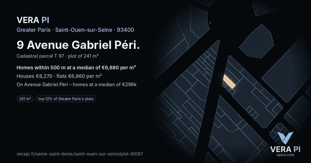 9 Avenue Gabriel Péri, Saint-Ouen-sur-Seine at night – the plot lit, the parcels around coloured by the prices near them