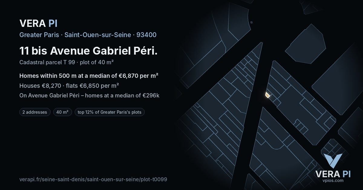 11 bis Avenue Gabriel Péri, Saint-Ouen-sur-Seine at night – the plot lit, the parcels around coloured by the prices near them