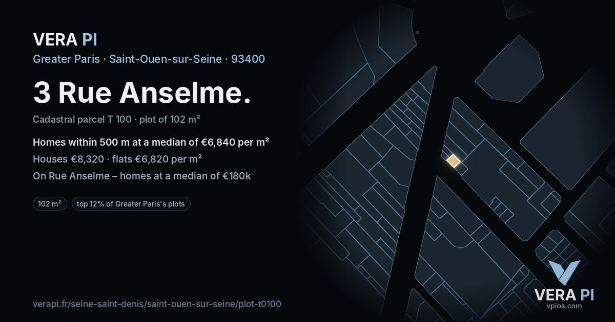 3 Rue Anselme, Saint-Ouen-sur-Seine at night – the plot lit, the parcels around coloured by the prices near them
