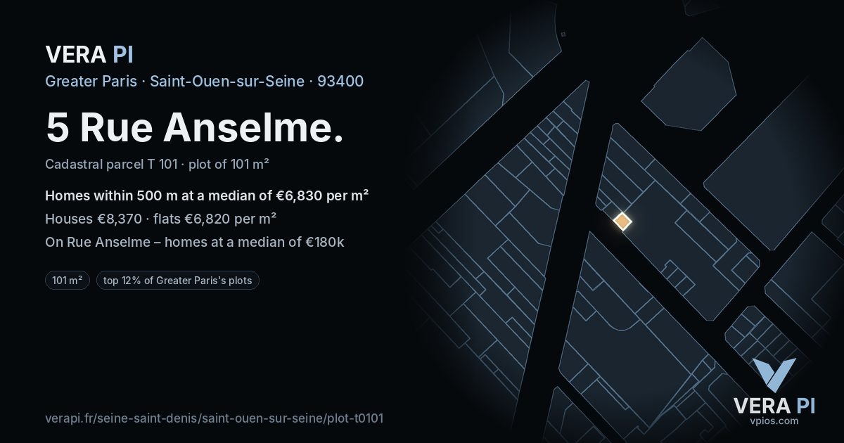 5 Rue Anselme, Saint-Ouen-sur-Seine at night – the plot lit, the parcels around coloured by the prices near them