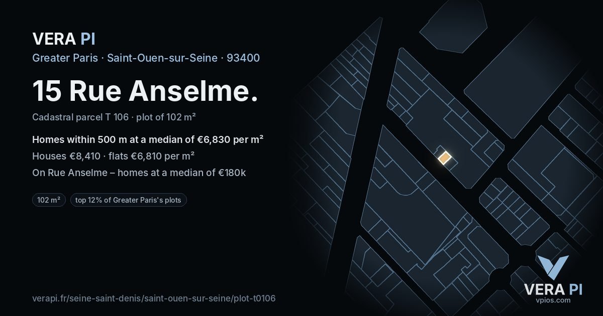 15 Rue Anselme, Saint-Ouen-sur-Seine at night – the plot lit, the parcels around coloured by the prices near them