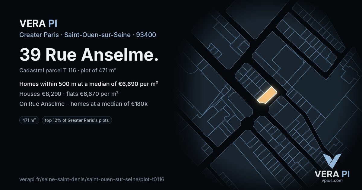 39 Rue Anselme, Saint-Ouen-sur-Seine at night – the plot lit, the parcels around coloured by the prices near them