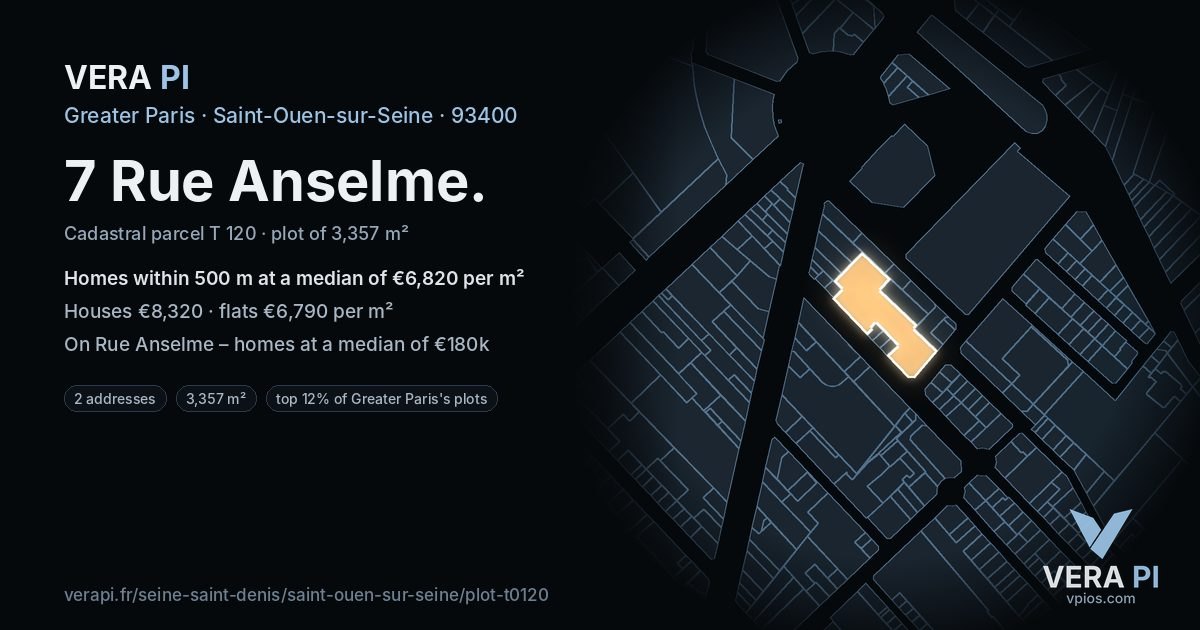 7 Rue Anselme, Saint-Ouen-sur-Seine at night – the plot lit, the parcels around coloured by the prices near them