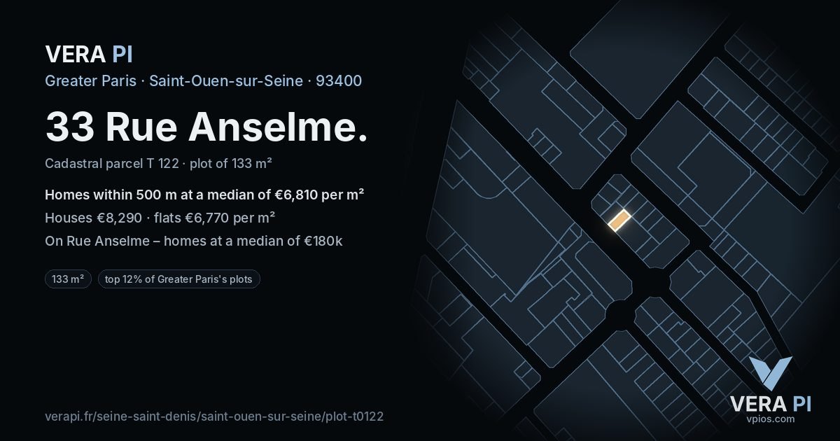 33 Rue Anselme, Saint-Ouen-sur-Seine at night – the plot lit, the parcels around coloured by the prices near them