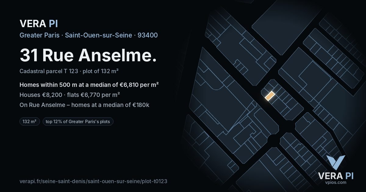 31 Rue Anselme, Saint-Ouen-sur-Seine at night – the plot lit, the parcels around coloured by the prices near them
