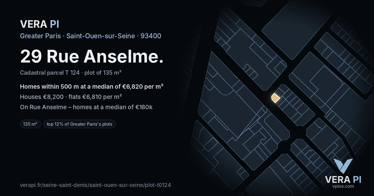 29 Rue Anselme, Saint-Ouen-sur-Seine at night – the plot lit, the parcels around coloured by the prices near them