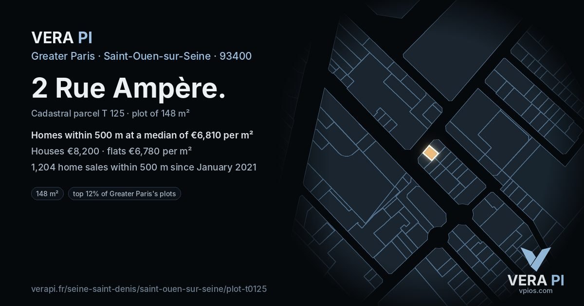 2 Rue Ampère, Saint-Ouen-sur-Seine at night – the plot lit, the parcels around coloured by the prices near them