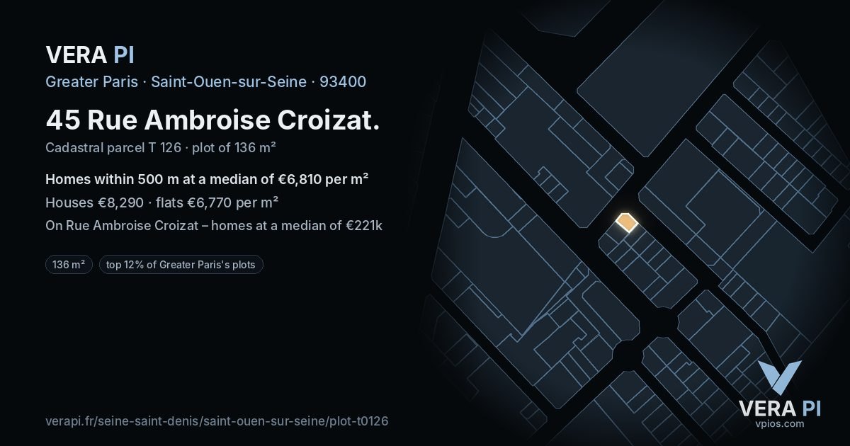 45 Rue Ambroise Croizat, Saint-Ouen-sur-Seine at night – the plot lit, the parcels around coloured by the prices near them