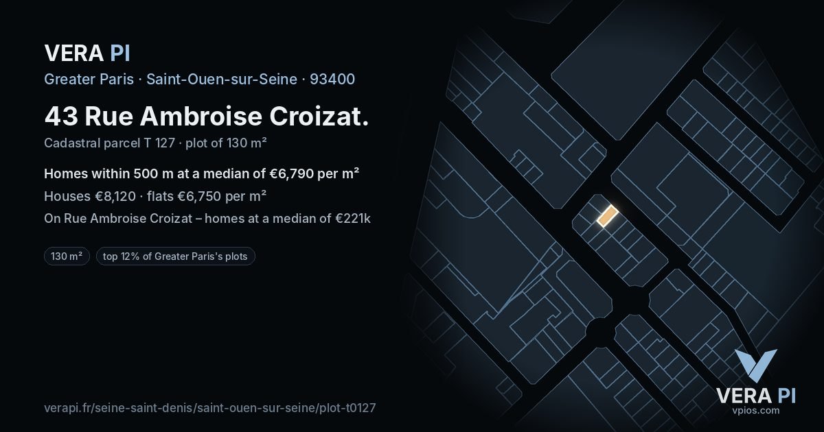43 Rue Ambroise Croizat, Saint-Ouen-sur-Seine at night – the plot lit, the parcels around coloured by the prices near them