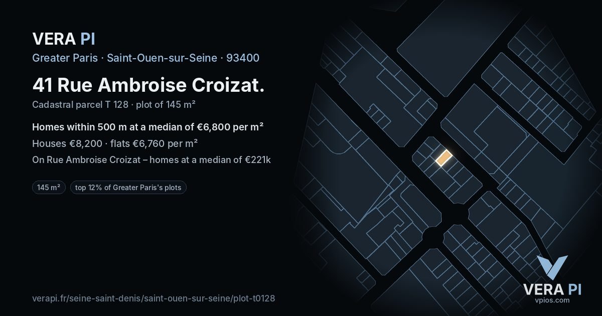 41 Rue Ambroise Croizat, Saint-Ouen-sur-Seine at night – the plot lit, the parcels around coloured by the prices near them