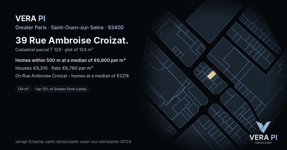 39 Rue Ambroise Croizat, Saint-Ouen-sur-Seine at night – the plot lit, the parcels around coloured by the prices near them