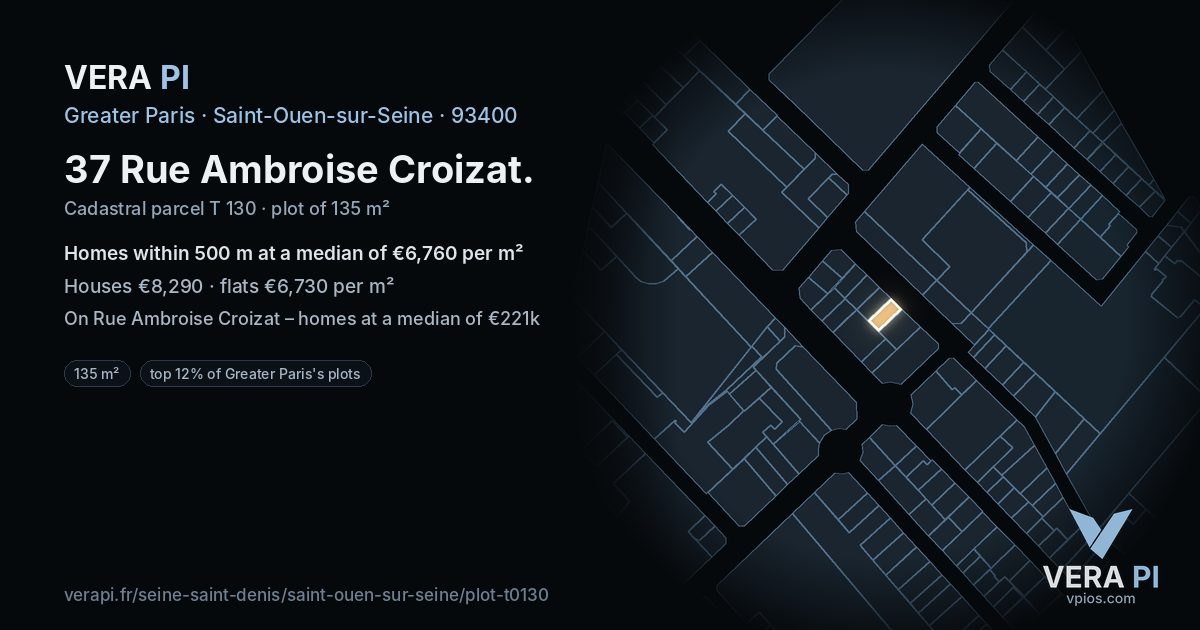 37 Rue Ambroise Croizat, Saint-Ouen-sur-Seine at night – the plot lit, the parcels around coloured by the prices near them