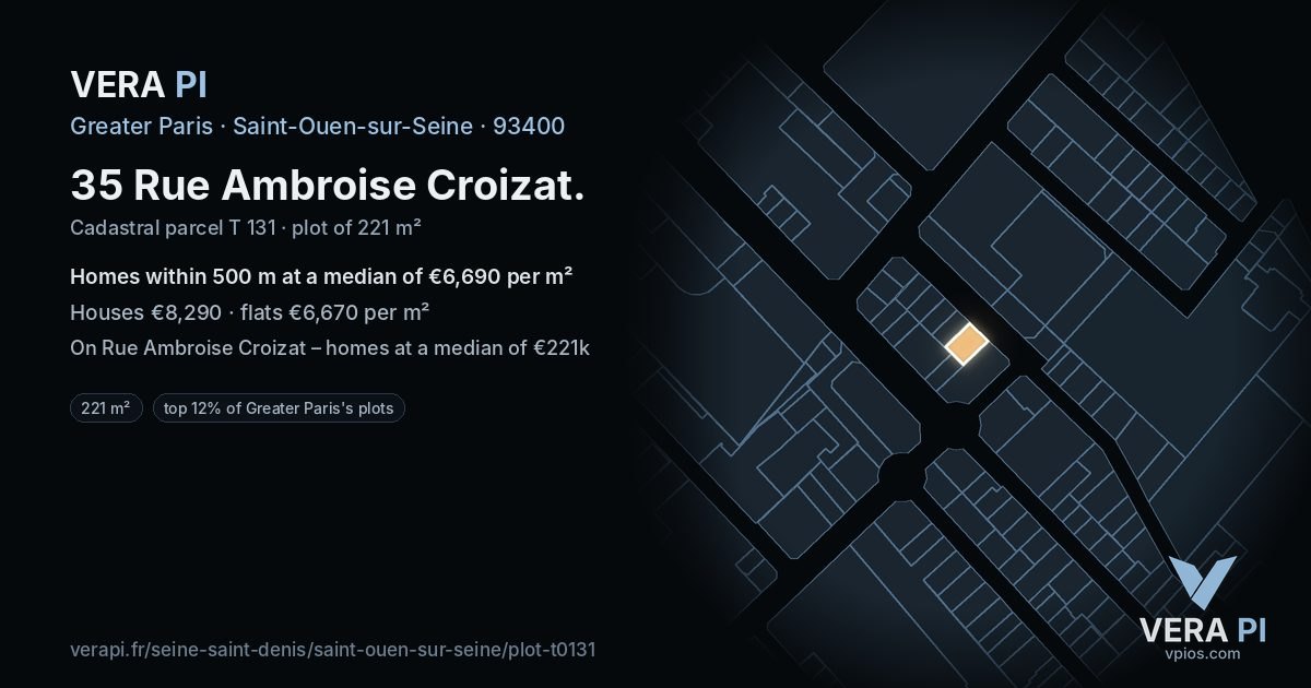 35 Rue Ambroise Croizat, Saint-Ouen-sur-Seine at night – the plot lit, the parcels around coloured by the prices near them
