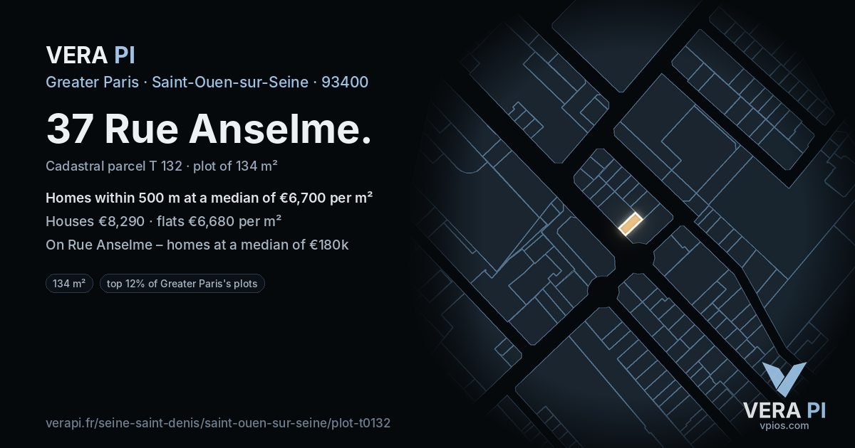 37 Rue Anselme, Saint-Ouen-sur-Seine at night – the plot lit, the parcels around coloured by the prices near them