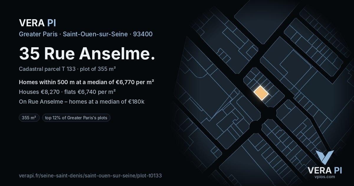 35 Rue Anselme, Saint-Ouen-sur-Seine at night – the plot lit, the parcels around coloured by the prices near them