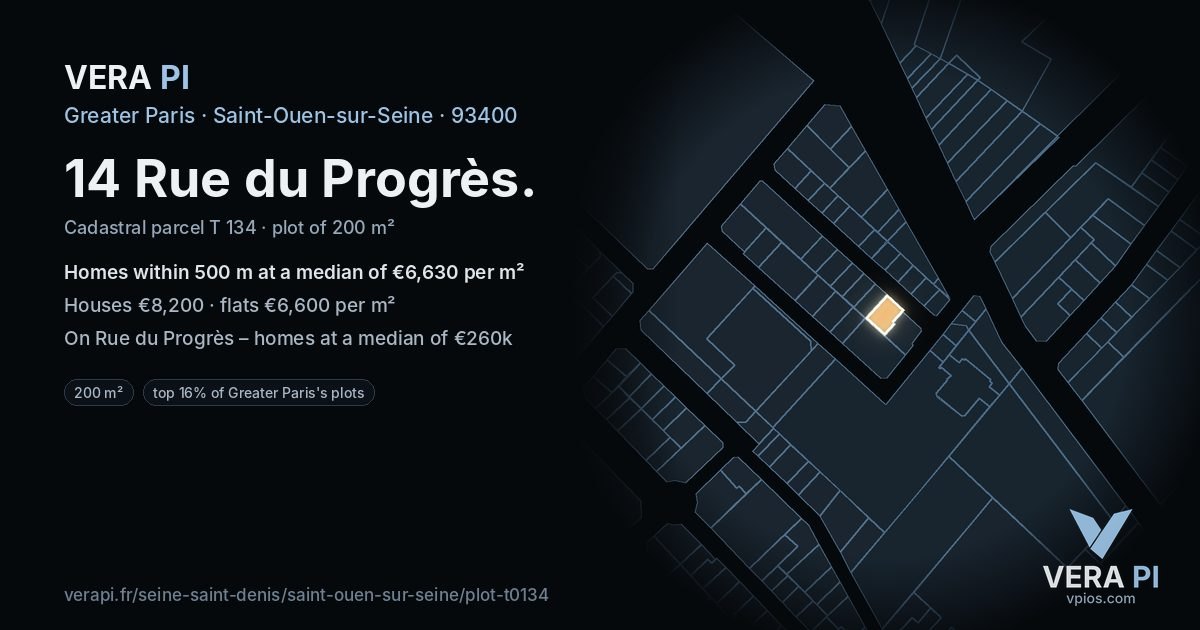 14 Rue du Progrès, Saint-Ouen-sur-Seine at night – the plot lit, the parcels around coloured by the prices near them