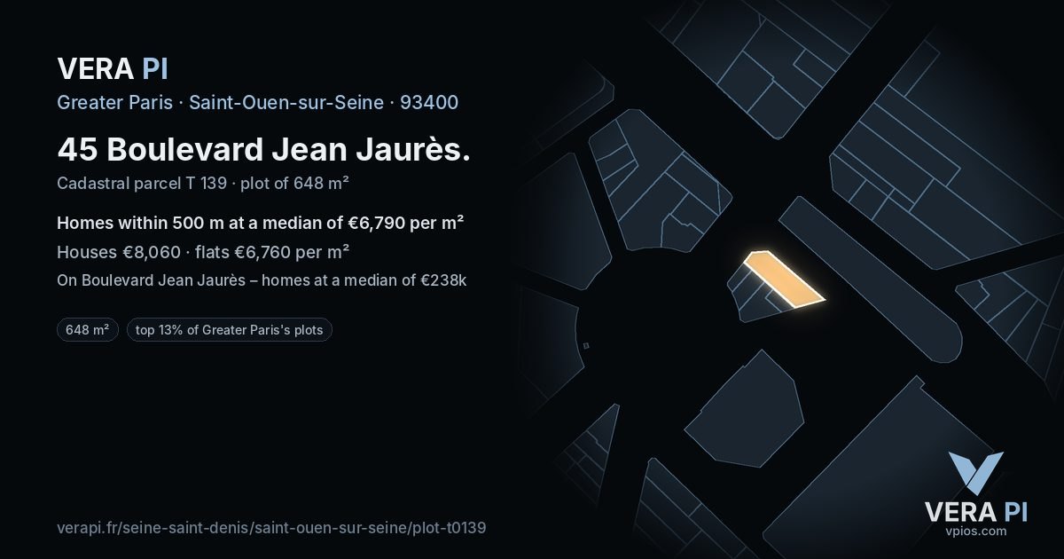 45 Boulevard Jean Jaurès, Saint-Ouen-sur-Seine at night – the plot lit, the parcels around coloured by the prices near them