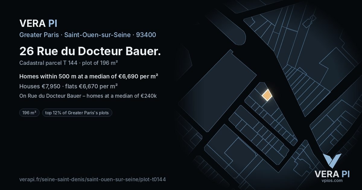 26 Rue du Docteur Bauer, Saint-Ouen-sur-Seine at night – the plot lit, the parcels around coloured by the prices near them
