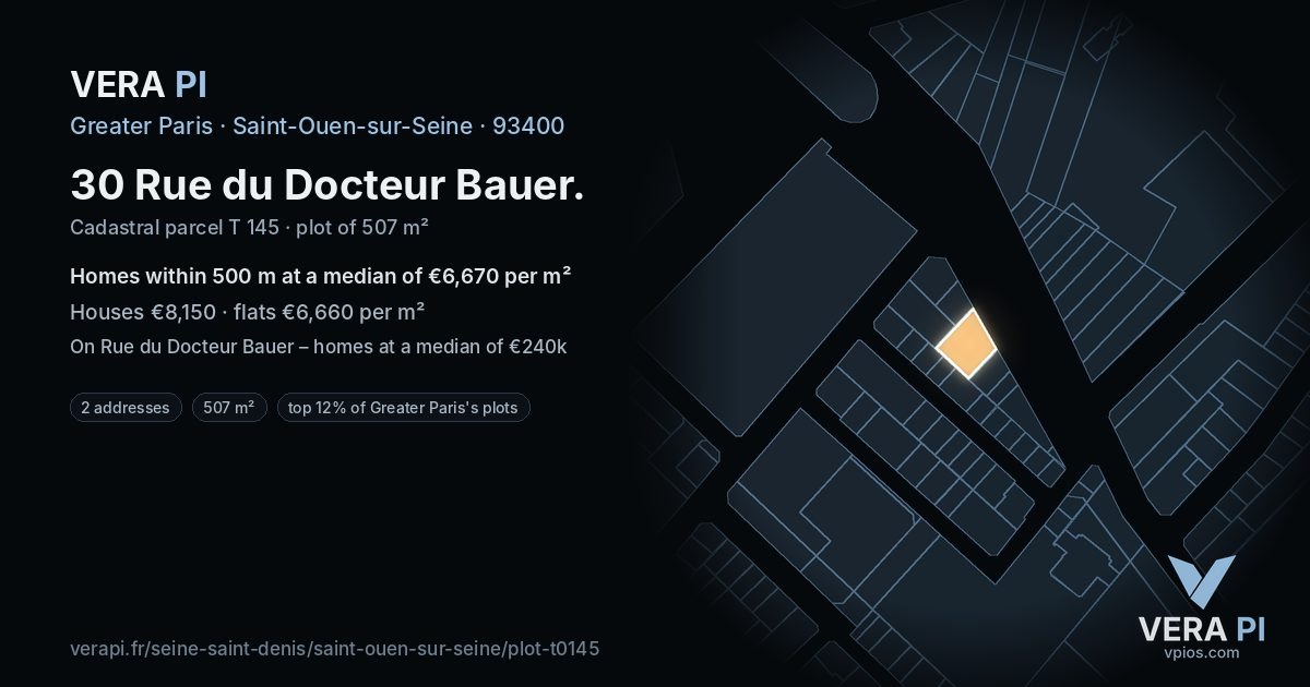 30 Rue du Docteur Bauer, Saint-Ouen-sur-Seine at night – the plot lit, the parcels around coloured by the prices near them