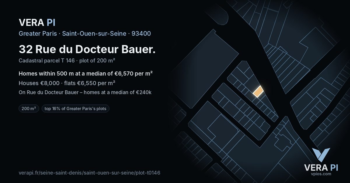 32 Rue du Docteur Bauer, Saint-Ouen-sur-Seine at night – the plot lit, the parcels around coloured by the prices near them