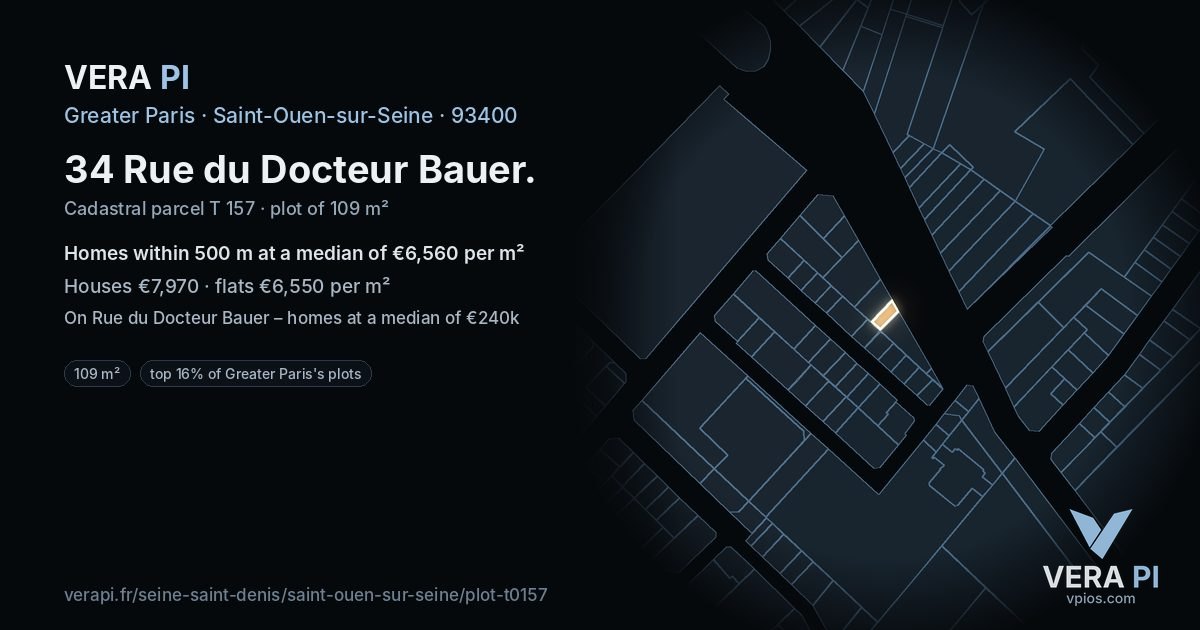 34 Rue du Docteur Bauer, Saint-Ouen-sur-Seine at night – the plot lit, the parcels around coloured by the prices near them