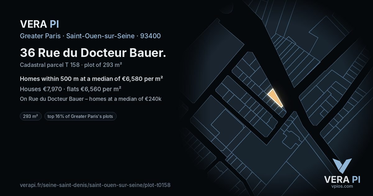 36 Rue du Docteur Bauer, Saint-Ouen-sur-Seine at night – the plot lit, the parcels around coloured by the prices near them