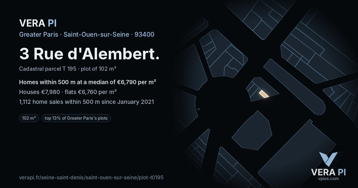 3 Rue d'Alembert, Saint-Ouen-sur-Seine at night – the plot lit, the parcels around coloured by the prices near them