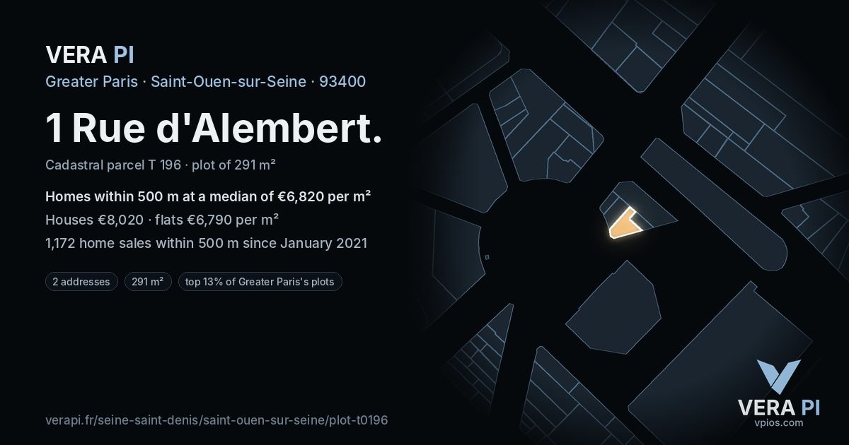 1 Rue d'Alembert, Saint-Ouen-sur-Seine at night – the plot lit, the parcels around coloured by the prices near them