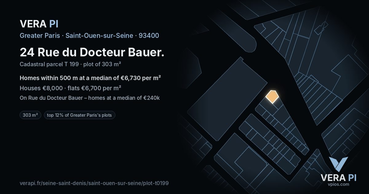 24 Rue du Docteur Bauer, Saint-Ouen-sur-Seine at night – the plot lit, the parcels around coloured by the prices near them