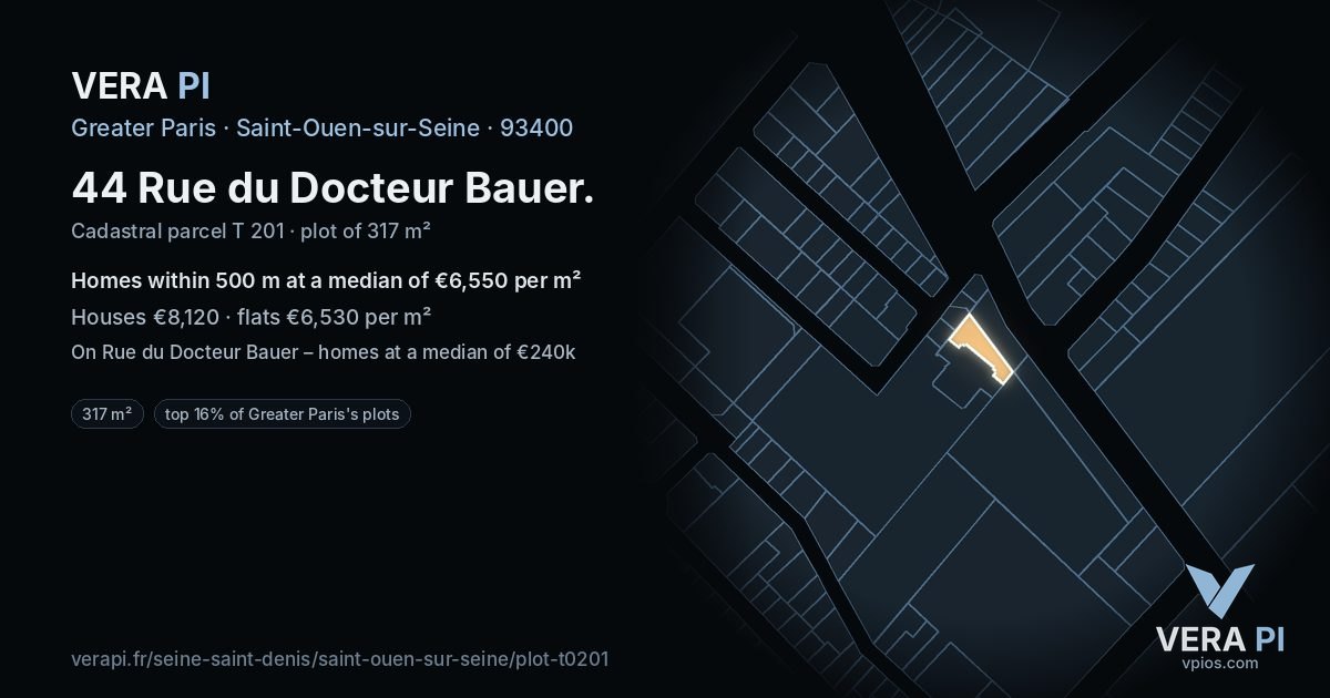 44 Rue du Docteur Bauer, Saint-Ouen-sur-Seine at night – the plot lit, the parcels around coloured by the prices near them