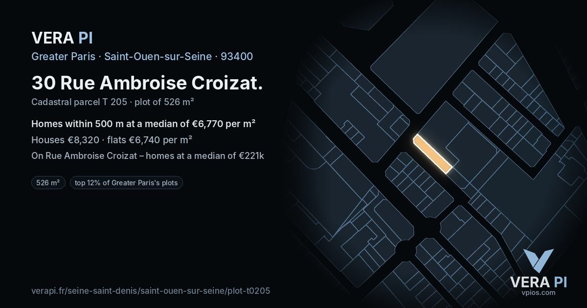 30 Rue Ambroise Croizat, Saint-Ouen-sur-Seine at night – the plot lit, the parcels around coloured by the prices near them