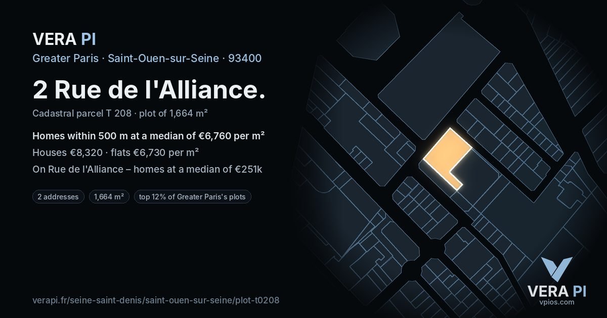 2 Rue de l'Alliance, Saint-Ouen-sur-Seine at night – the plot lit, the parcels around coloured by the prices near them