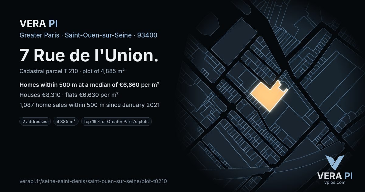 7 Rue de l'Union, Saint-Ouen-sur-Seine at night – the plot lit, the parcels around coloured by the prices near them