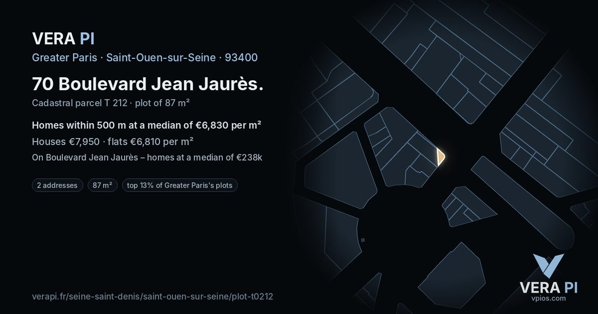 70 Boulevard Jean Jaurès, Saint-Ouen-sur-Seine at night – the plot lit, the parcels around coloured by the prices near them