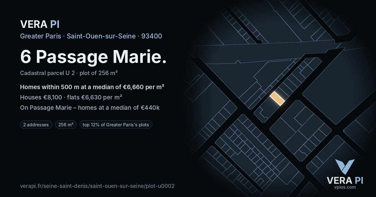 6 Passage Marie, Saint-Ouen-sur-Seine at night – the plot lit, the parcels around coloured by the prices near them