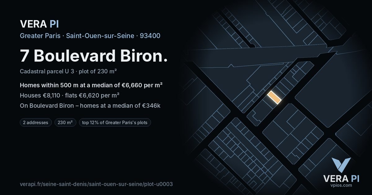 7 Boulevard Biron, Saint-Ouen-sur-Seine at night – the plot lit, the parcels around coloured by the prices near them