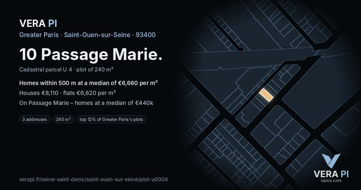 10 Passage Marie, Saint-Ouen-sur-Seine at night – the plot lit, the parcels around coloured by the prices near them