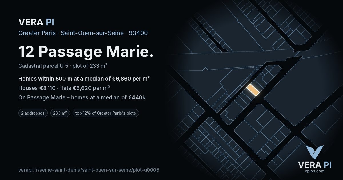 12 Passage Marie, Saint-Ouen-sur-Seine at night – the plot lit, the parcels around coloured by the prices near them