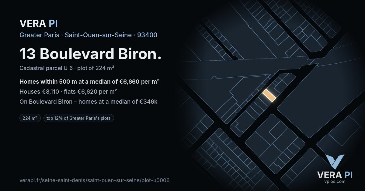 13 Boulevard Biron, Saint-Ouen-sur-Seine at night – the plot lit, the parcels around coloured by the prices near them