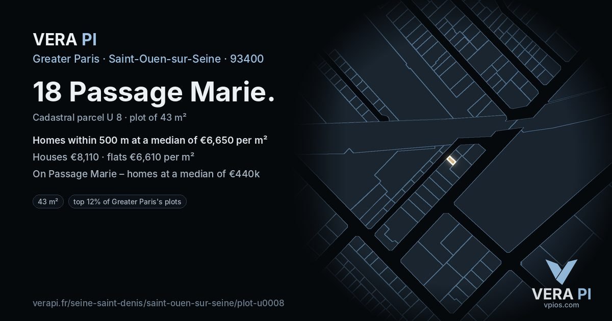 18 Passage Marie, Saint-Ouen-sur-Seine at night – the plot lit, the parcels around coloured by the prices near them